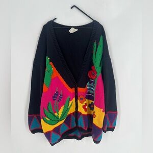 Vtg Andina Retro Abstract Embroidered Floral Cactus Chunky Knit Sweater Cardigan